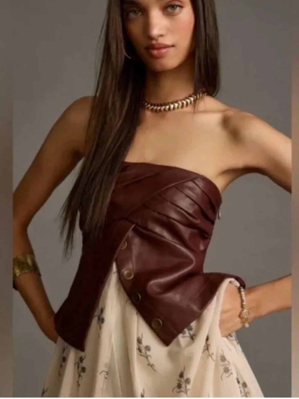 By Anthropologie Strapless Faux Leather Corset Layered Top size Large - Picture 4 of 14